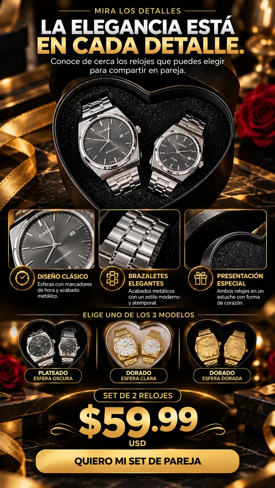 Vista cercana del set de relojes plateados, brazaletes, esferas y tres variantes disponibles