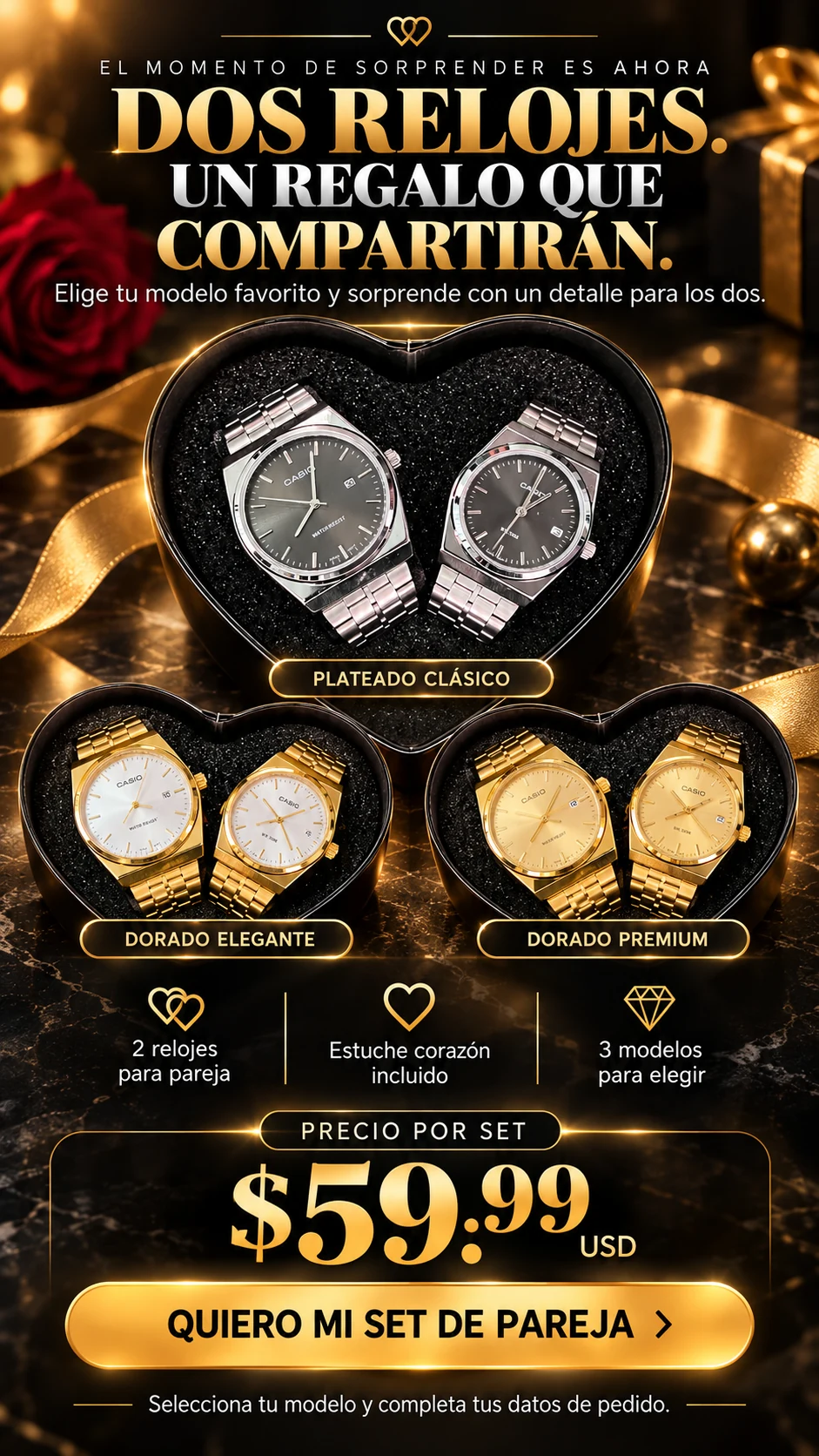 Tres variantes de relojes para pareja, estuche corazón incluido y precio por set de $59.99